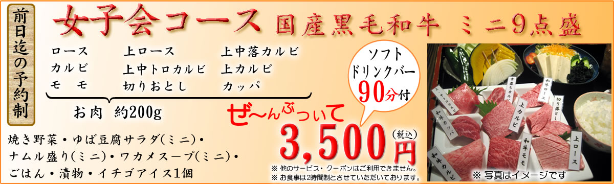 女子会コース 国産黒毛和牛ミニ9点盛3500円 前日迄の予約限定